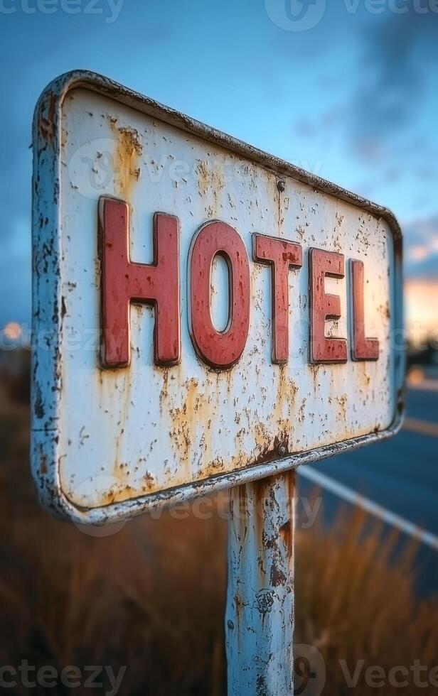 Rusty hotel sign beside the road at sunset. A weathered hotel sign stands by the roadside during sunset, showcasing fading letters against a vibrant evening sky. photo