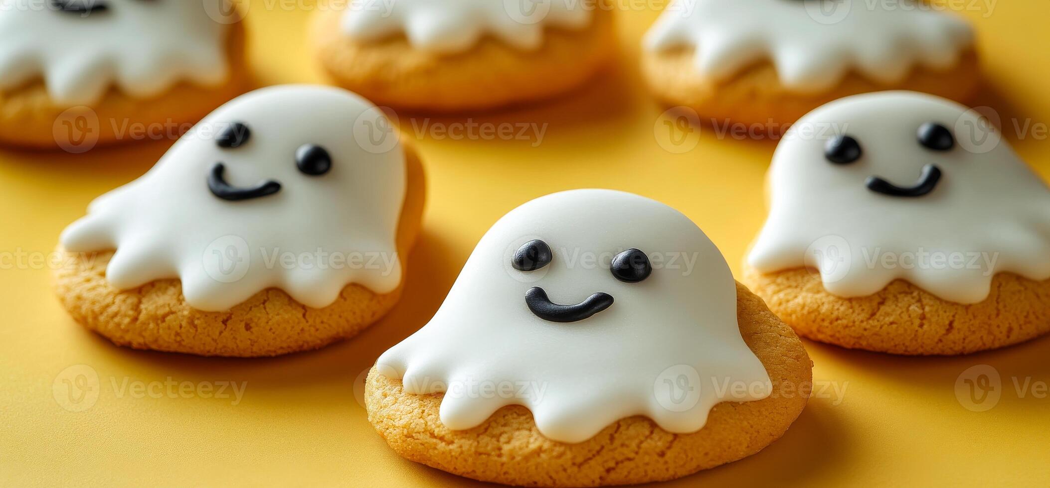 Adorable Halloween ghost cookies. Festively decorated cookies shaped like friendly ghosts feature smiling faces, perfect for Halloween celebrations with friends and family. photo