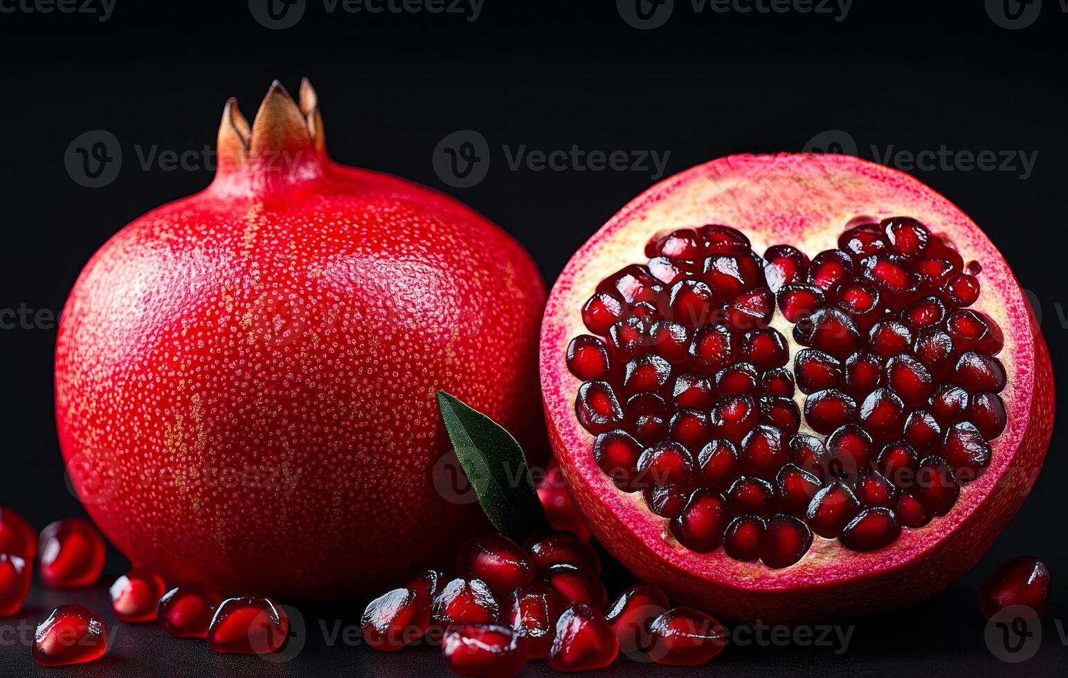 Fresh pomegranate split open showcasing ruby seeds. A ripe pomegranate is halved to reveal its jewel-like seeds and vibrant red color against a dark background. photo