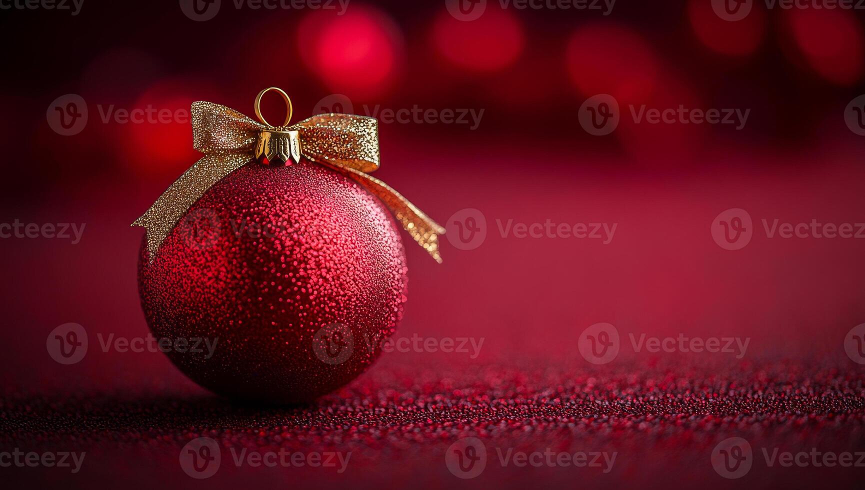 Red ornament with gold bow on red. A decorative red ornament with a golden bow rests on a red surface, embodying the festive spirit of the holiday season. photo