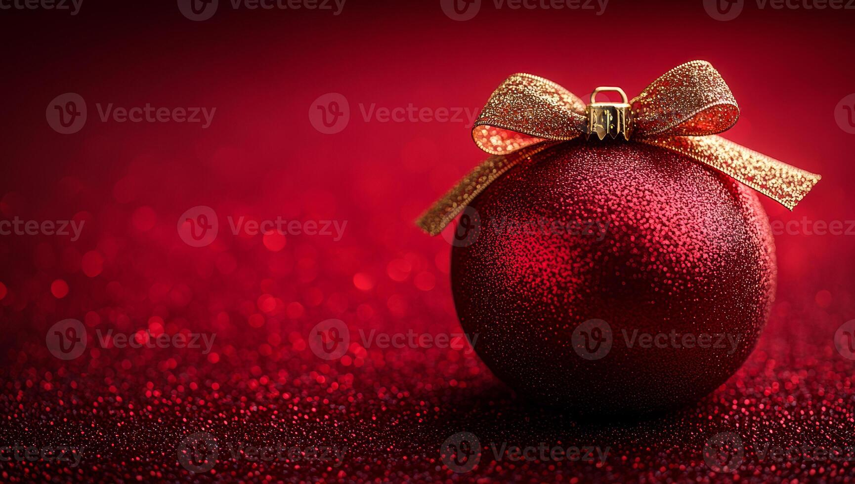 Sparkling red Christmas ornament with golden bow. A vibrant red ornament adorned with a golden bow sits on a shimmering background, evoking festive holiday cheer and celebration. photo
