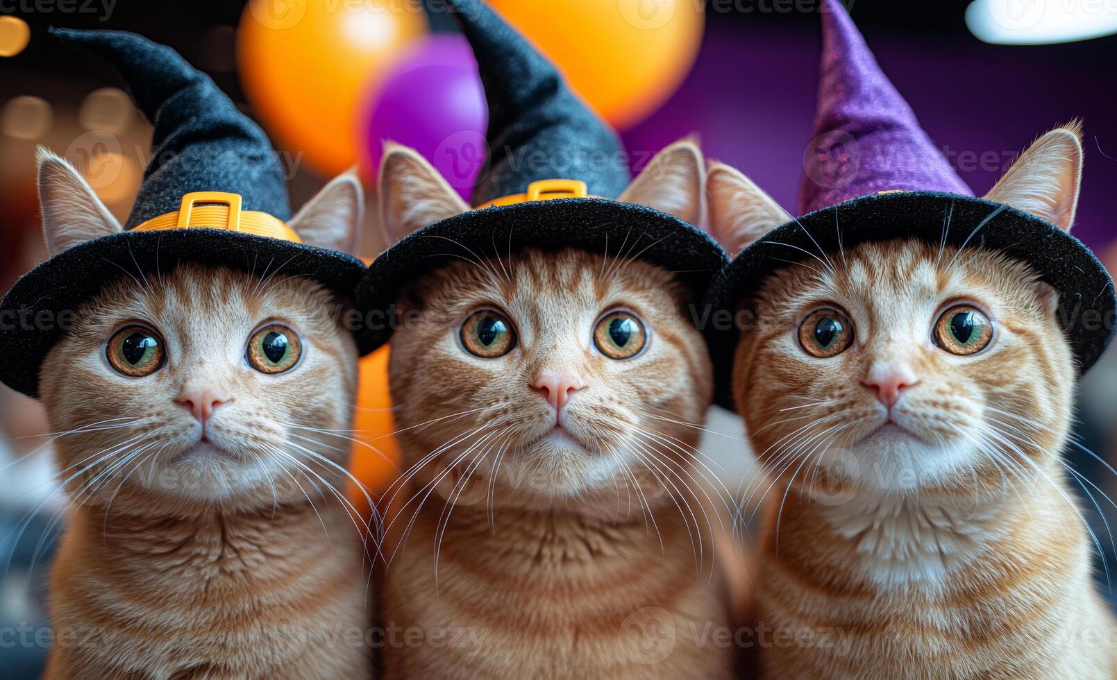 Three orange cats in witch hats. Three orange cats wearing witch hats sit together, showcasing their curious expressions at a festive celebration with colorful balloons. photo