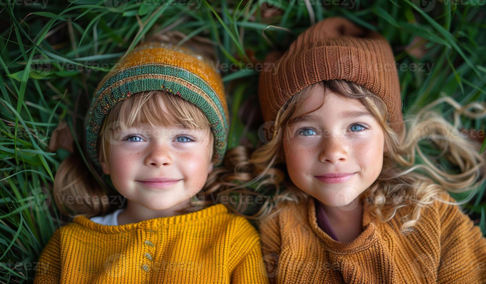 Kids in sweaters enjoying the outdoors. Two young girls wear colorful knitted hats as they lay on green grass under natural light, smiling brightly in the park. photo