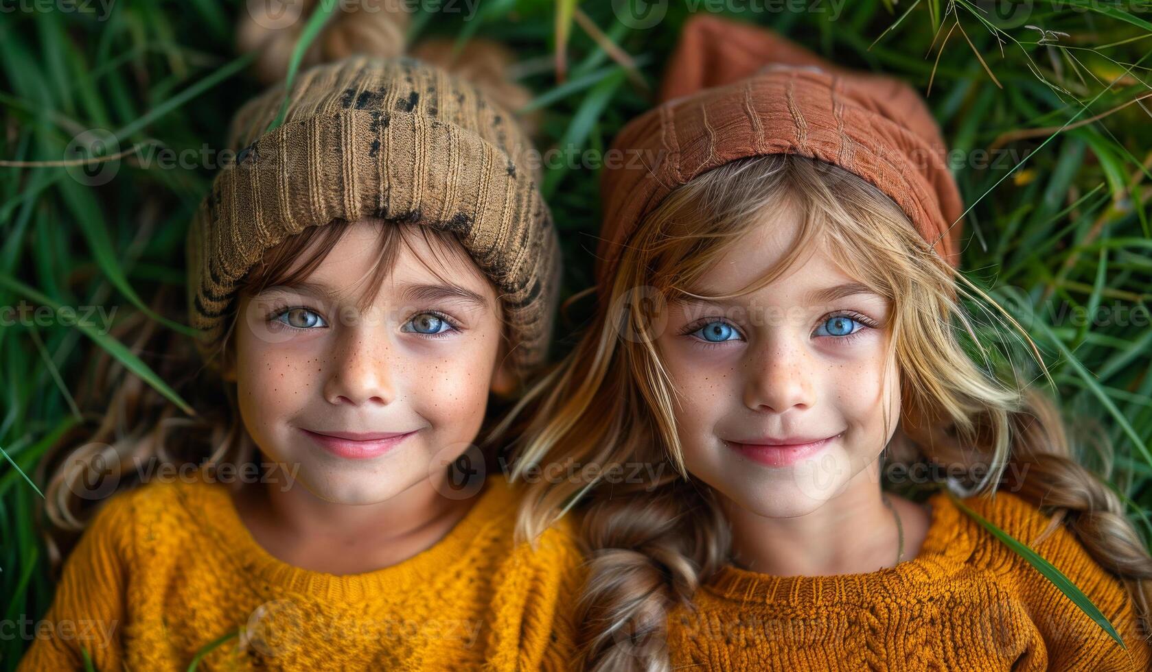 Two girls in cozy hats relaxing in tall grass. Two girls with braided hair and cozy hats enjoy a peaceful moment lying together in tall green grass on a sunny day. photo