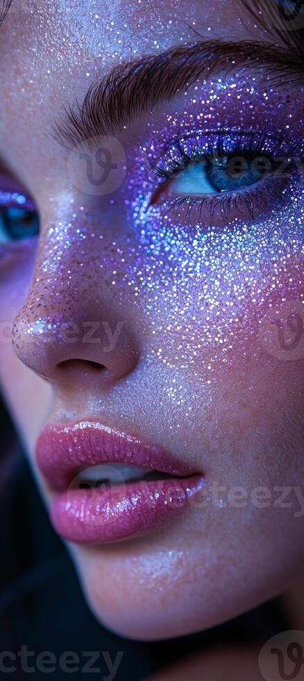 Close-up of a woman with glitter makeup. A young woman showcases mesmerizing glitter makeup, with a focus on her radiant eyes and glossy lips, creating a striking look. photo