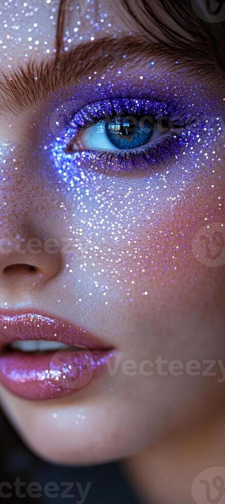 Vibrant night makeup showcase. A close-up view of a persons face adorned with dazzling glitter makeup, highlighting their vivid eye makeup and shiny lips. photo