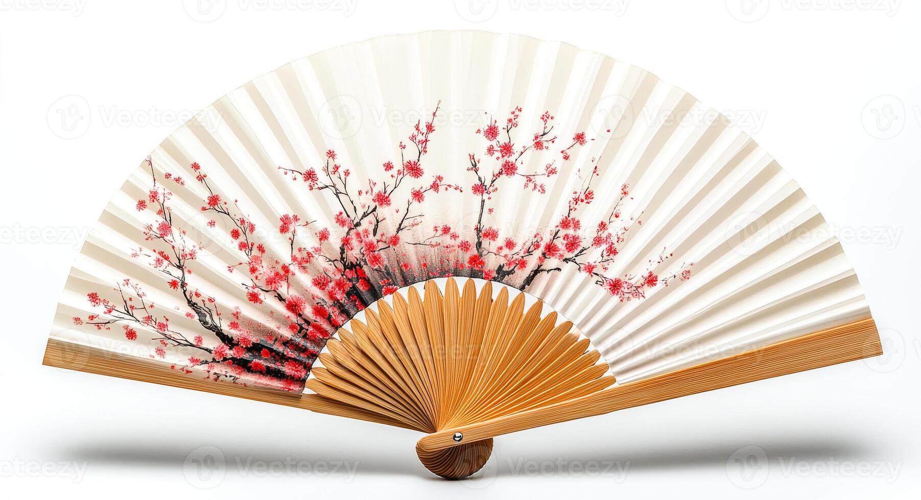 Cherry blossom folding fan displayed. A beautifully crafted folding fan adorned with cherry blossoms, showcasing intricate detail and vibrant colors against a white background. photo