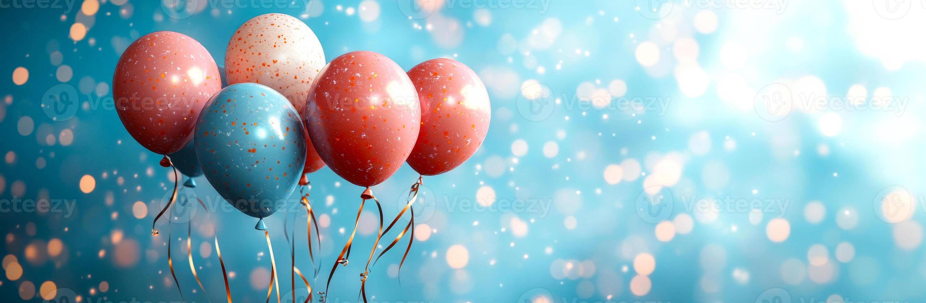 Balloons drift in a shimmering backdrop. A group of six balloons in shades of pink and blue sway gently, sparkling lightly against a bright, dreamy background. photo