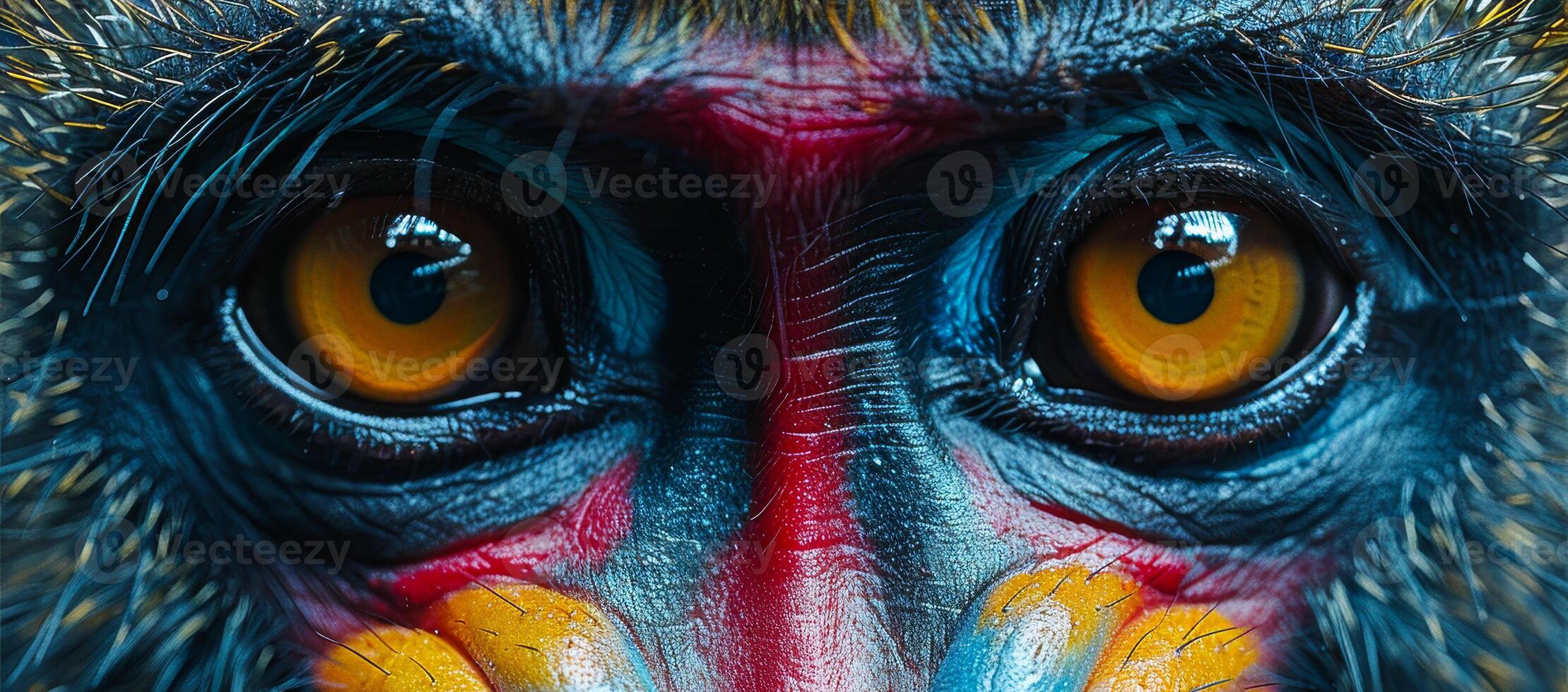Close-up view of a vibrant monkey in the wild. This striking close-up features a monkey with colorful facial markings, showcasing its intense gaze and vivid colors in nature. photo