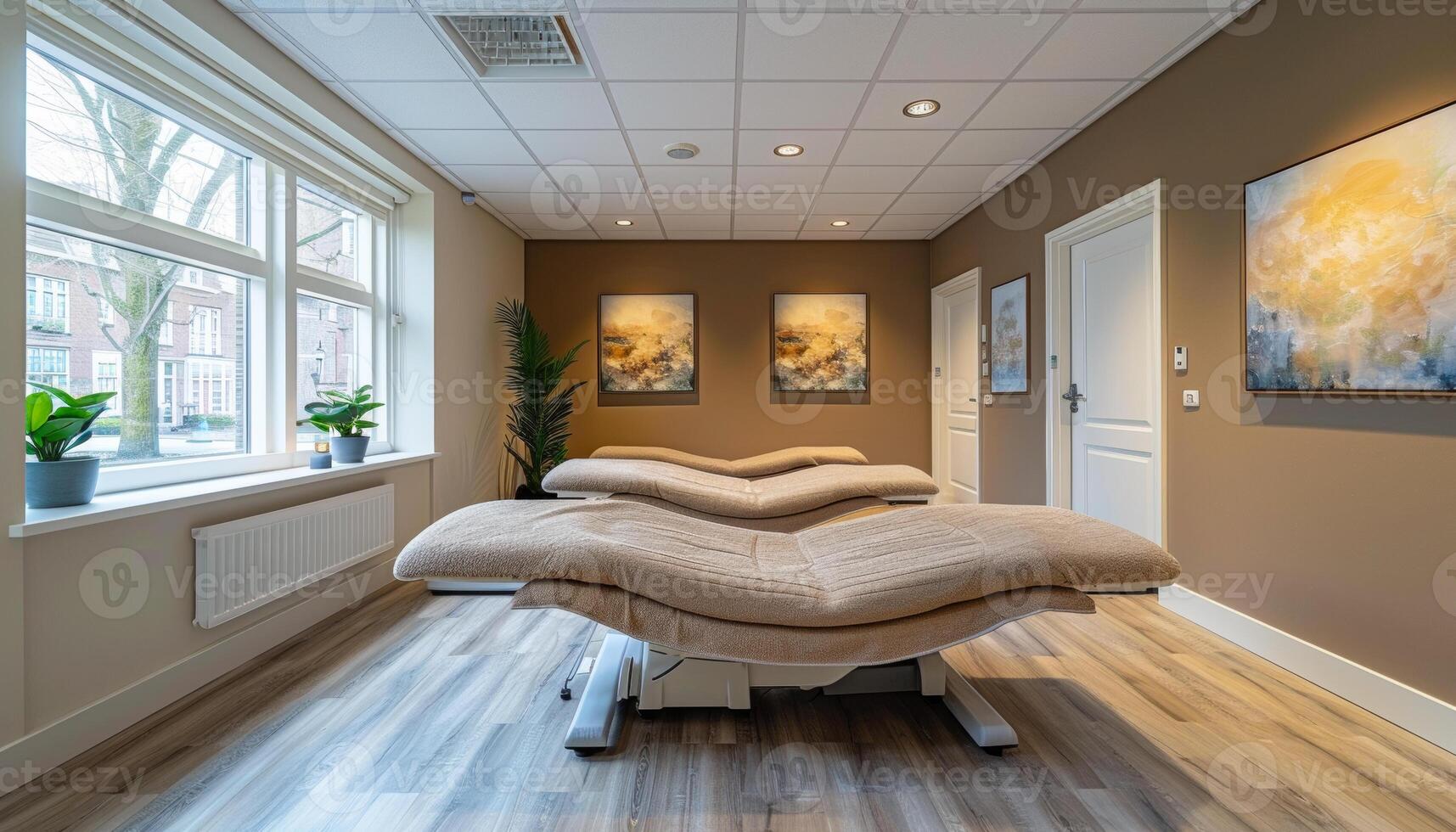 Calm massage room with natural light. A serene massage therapy space featuring adjustable tables, soft lighting, and large windows offering a peaceful ambiance. photo