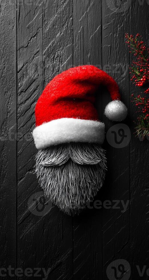 Santa face with festive hat art. A festive creation featuring a Santa Claus face made of fur with a classic red and white hat, set against a dark wooden background. photo