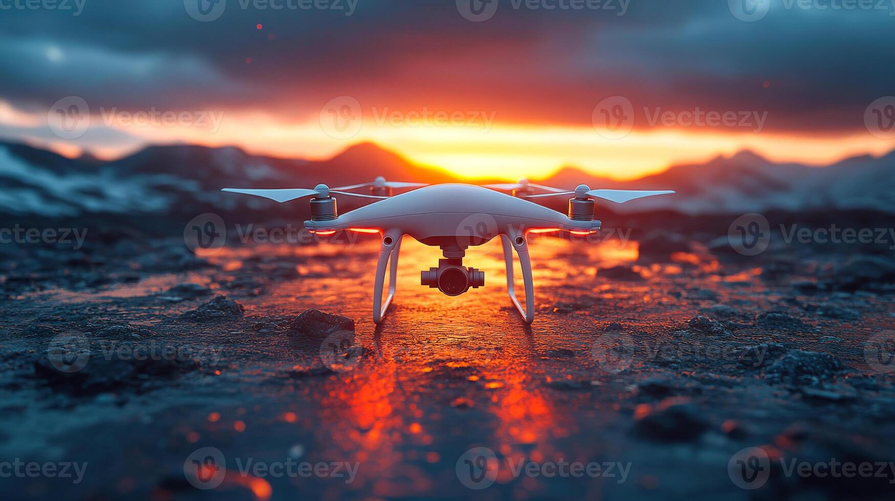 A drone rests on a rocky surface at sunset. A drone is positioned on rocky terrain during a stunning sunset, surrounded by mountains and dramatic cloud formations. photo