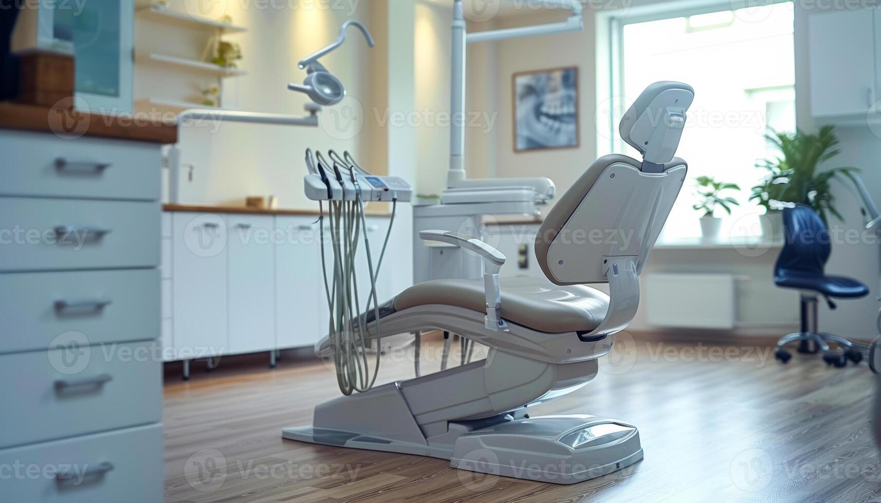 Modern dental chair in a bright clinic environment. A dental chair positioned in a well-lit clinic, featuring a clean and organized workspace. Perfect for patient treatments. photo
