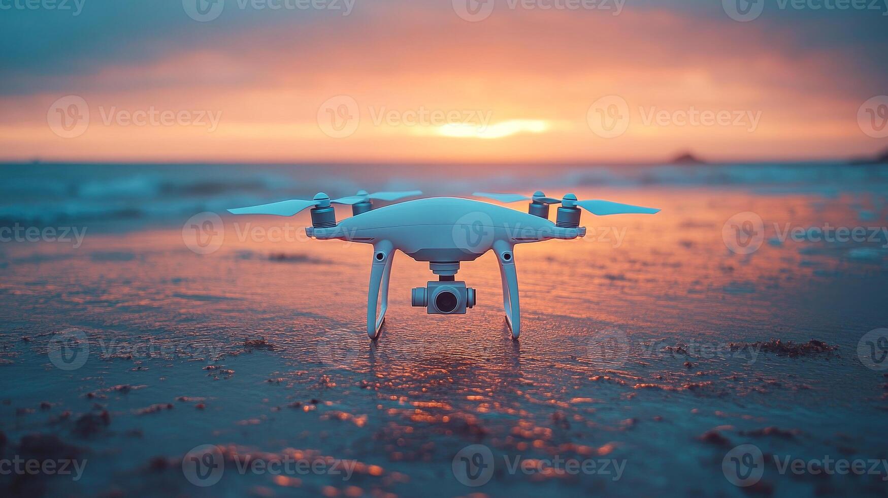A drone on the beach during sunset capturing views. A drone rests on a sandy beach at sunset, ready to capture stunning coastal scenery as the sun dips below the horizon. photo