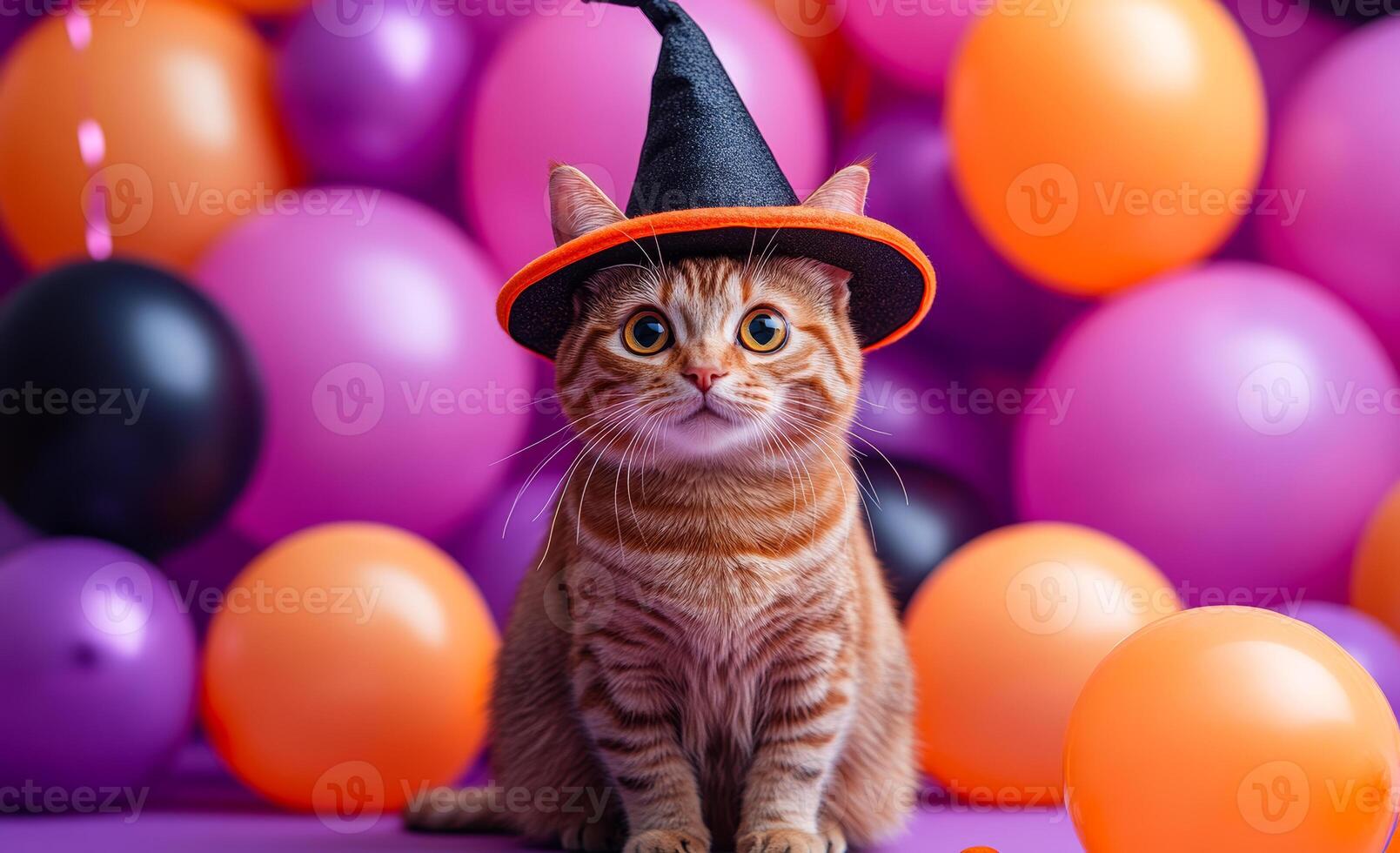 Witch hat cat with Halloween balloons. A playful cat wearing a witch hat sits surrounded by vibrant Halloween balloons, ready for festive celebrations. photo