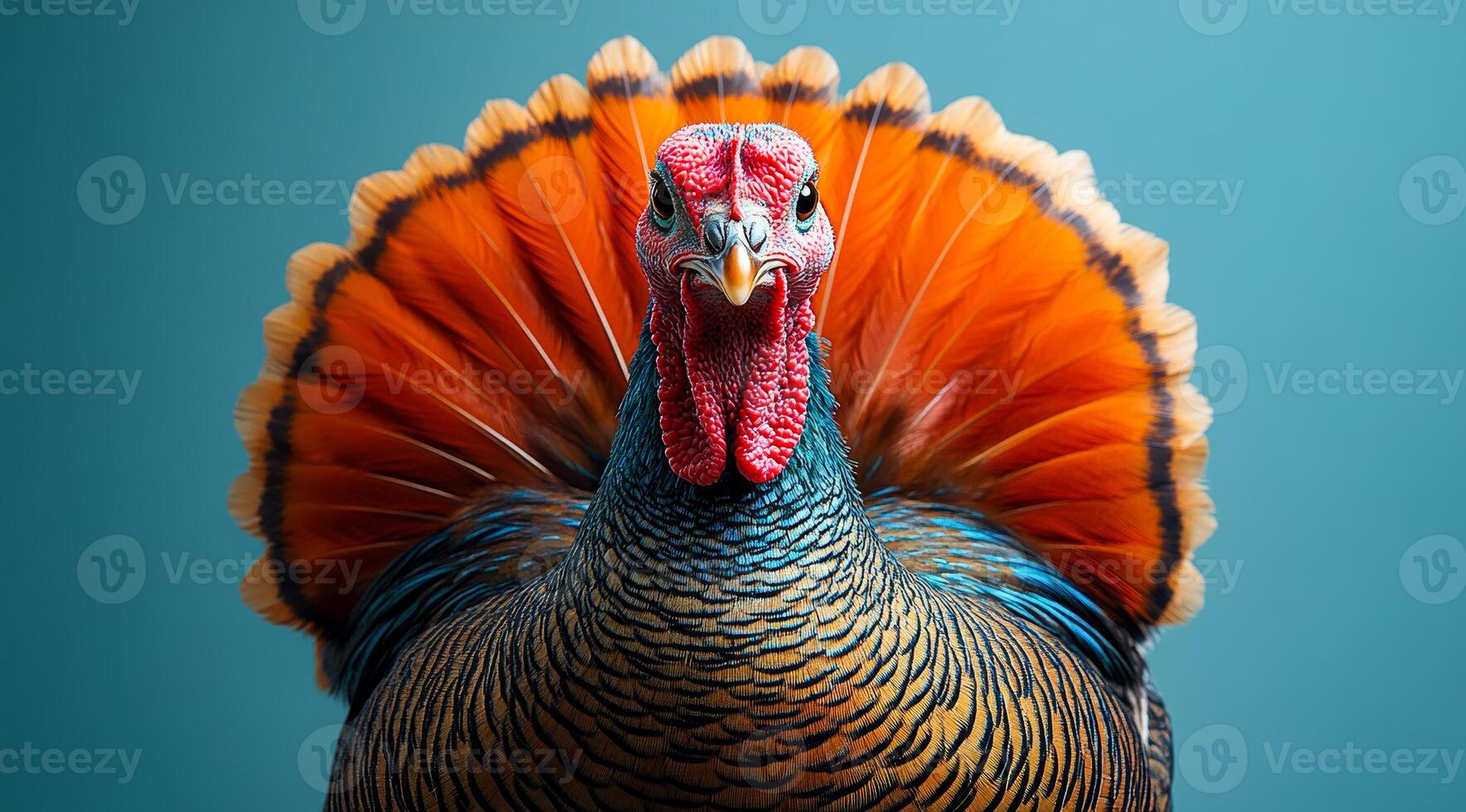 Colorful turkey showing feathers indoors. A vibrant turkey showcases its fan-shaped feathers against a blue background, highlighting its striking colors and unique features. photo
