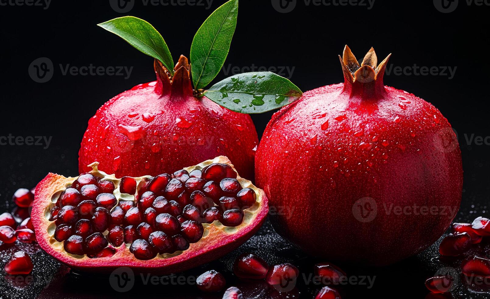 Fresh pomegranates on black backdrop. Two bright pomegranates with glistening water droplets are displayed, alongside an open fruit revealing juicy seeds, all set against black. photo