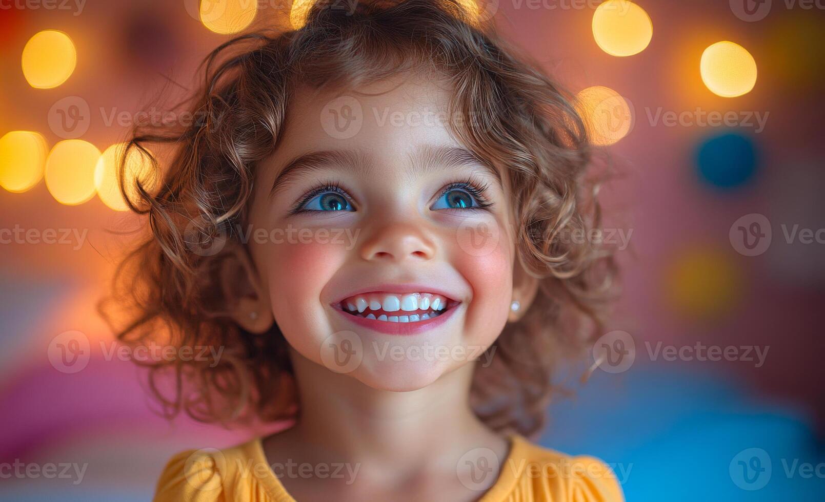 Smiling child with curly hair in a cozy bedroom. A joyful young girl with curly hair smiles brightly in her colorful bedroom, surrounded by soft lighting and cheerful decor. photo