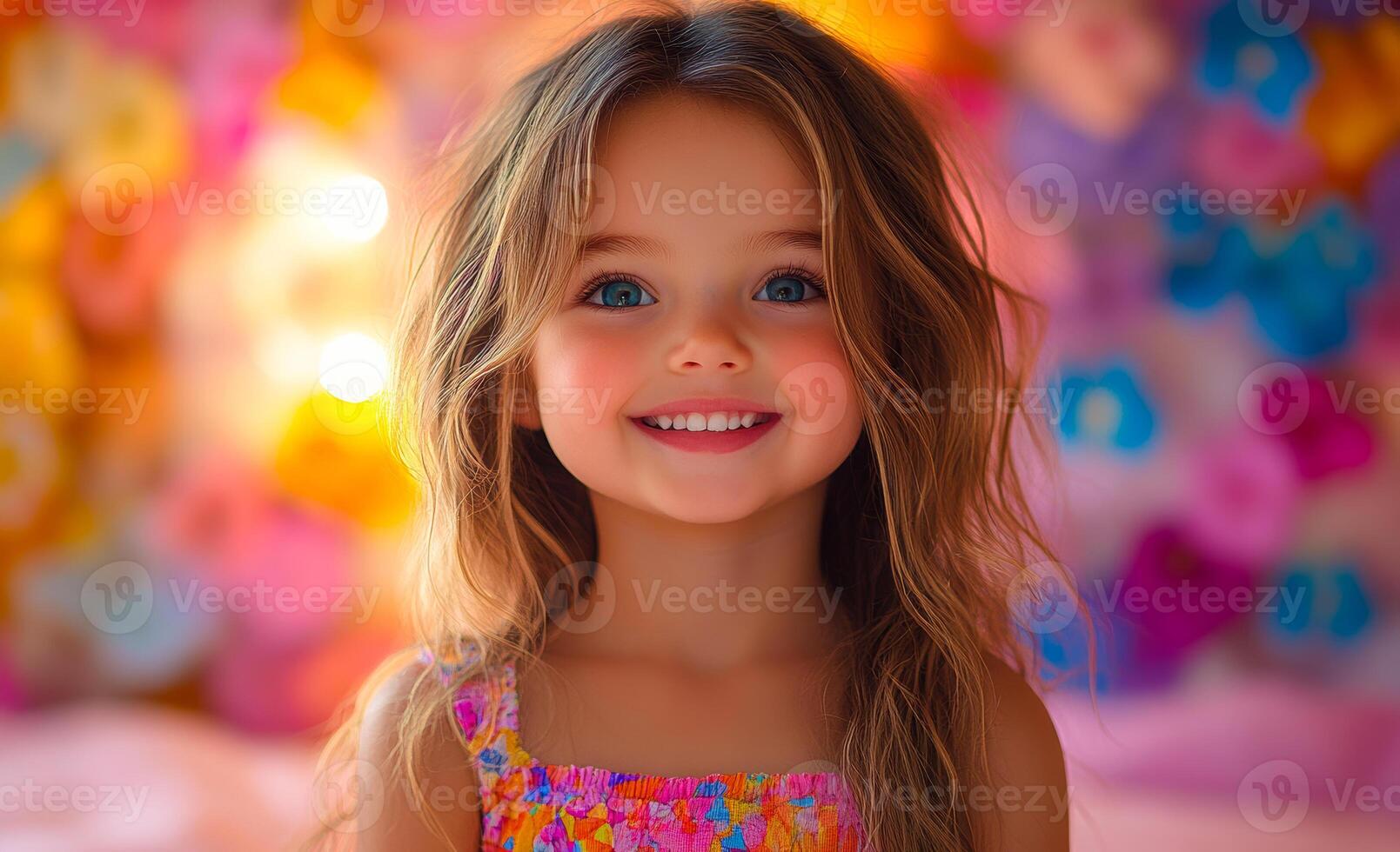 A joyful girl smiles in front of colorful flowers. A young girl with long hair beams happily, surrounded by vibrant and colorful flower decorations in a cheerful setting. photo
