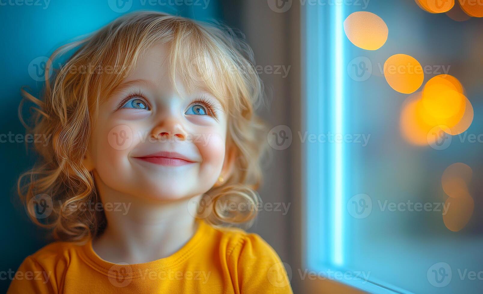 Curly-haired child smiling by the window. A young child with curly hair beams joyfully while gazing out a window, illuminated by warm, glowing lights in a cozy atmosphere. photo