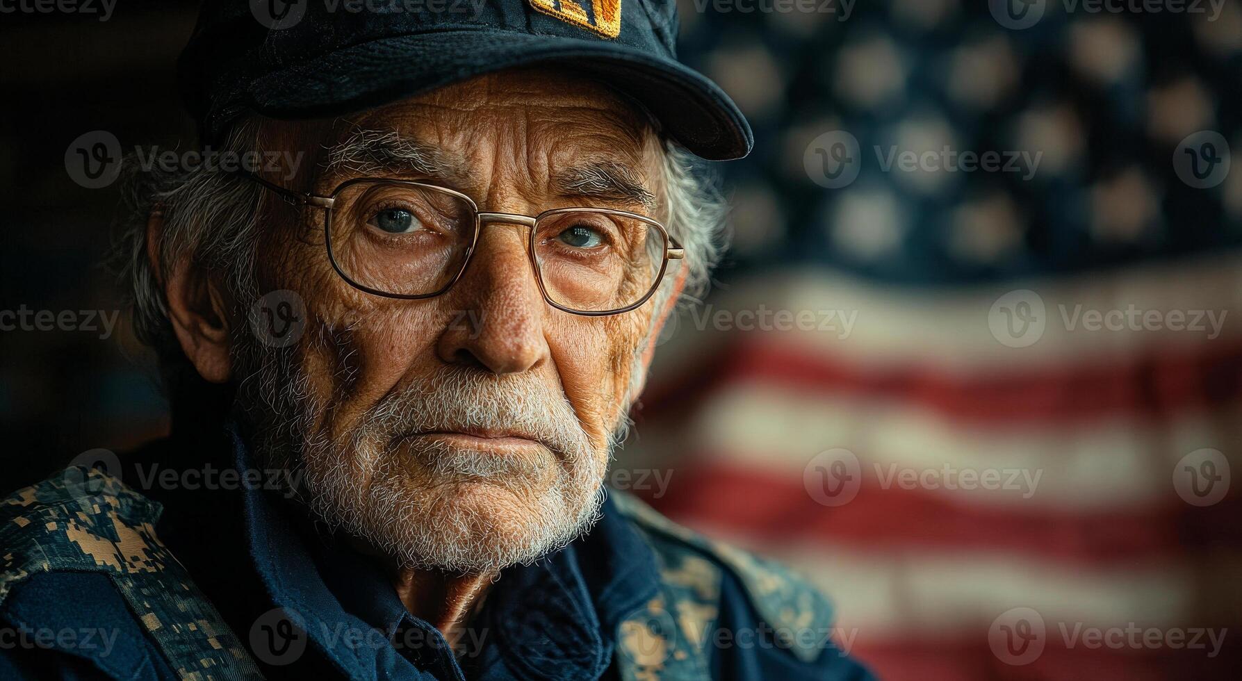 Veteran reflects on life by the flag. An elderly veteran looks solemnly at the camera, his face showcasing years of experience, with an American flag softly blurred behind him. photo