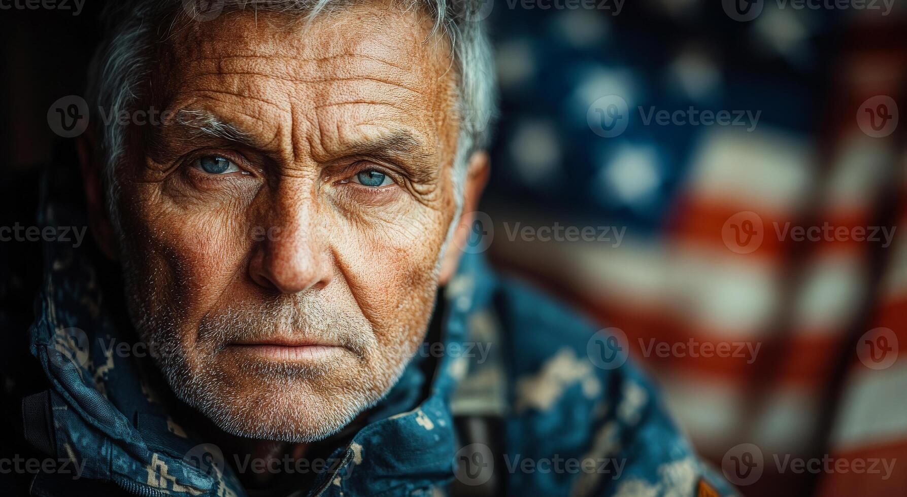 Veteran soldier with American flag backdrop. A solemn veteran soldier gazes intensely into the distance, showcasing years of experience against a backdrop of the American flag. photo
