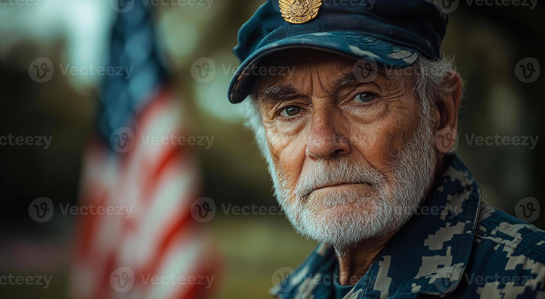 Elderly veteran stands proudly near American flag. An elderly veteran gazes thoughtfully while standing next to an American flag, showcasing his pride and dedication to service. photo