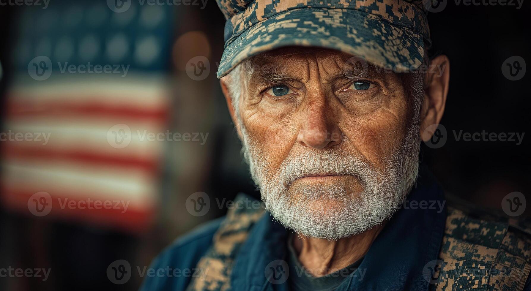 Veteran proudly before American flag. A seasoned veteran gazes intently while standing before the American flag, reflecting on years of service and commitment. photo