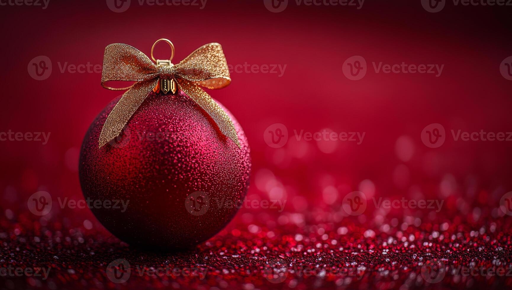 Red ornament with gold bow on festive background. A vibrant red Christmas ornament adorned with a gold bow rests on a sparkling red surface, capturing holiday spirit and joy. photo