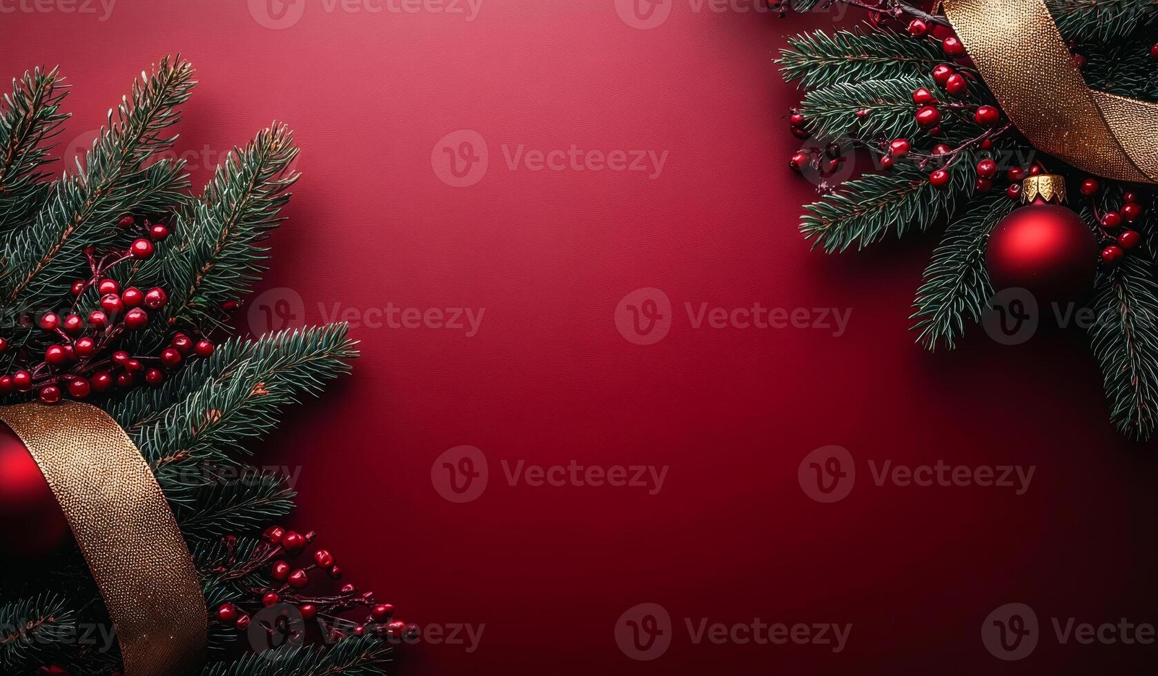 Holiday decor with greenery and ornaments. Red background adorned with evergreen branches, red berries, and shimmering ornaments, perfect for celebrating the holiday season. photo