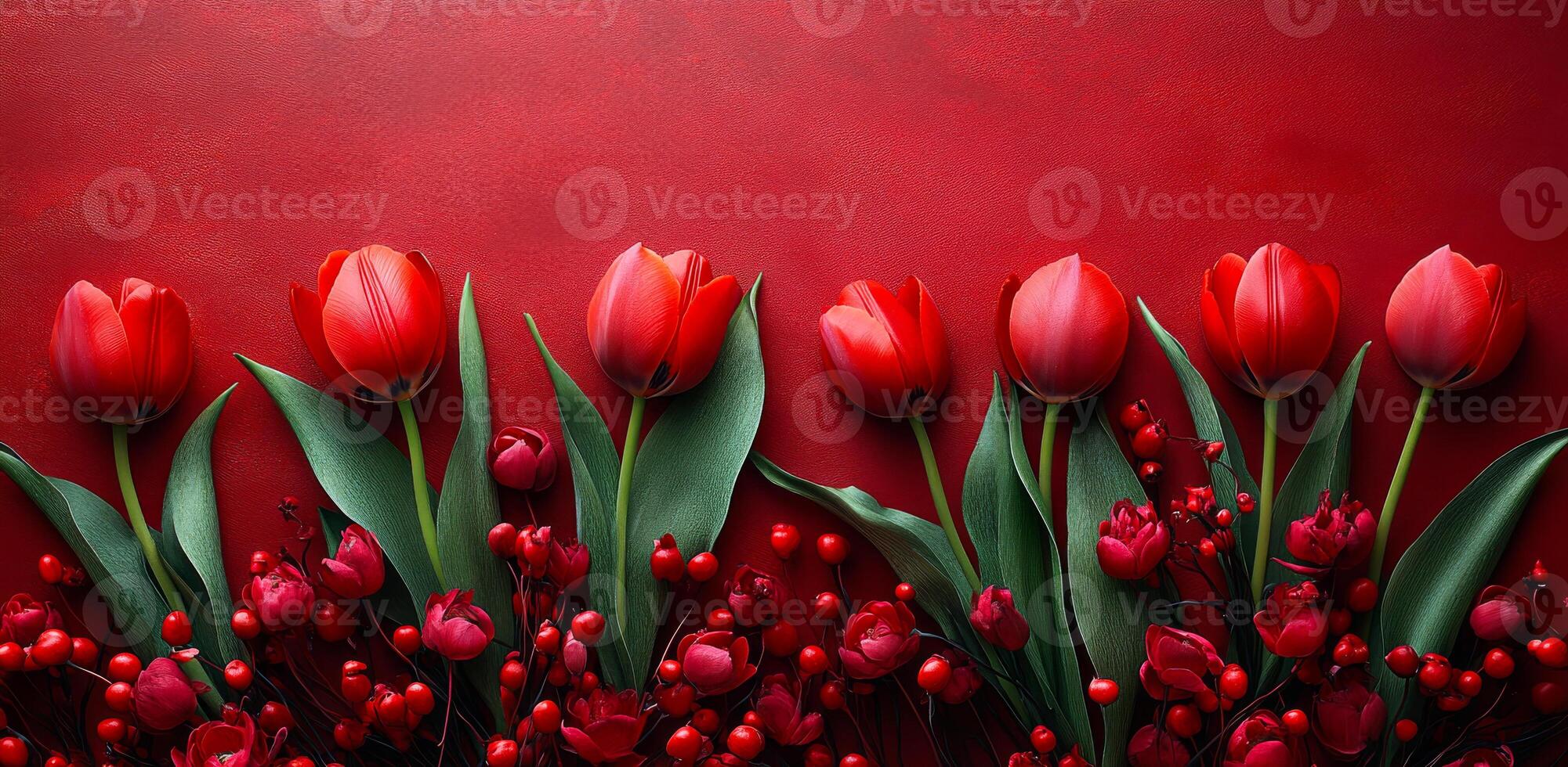 Red tulips and berries on a bold backdrop. A row of lush red tulips is beautifully arranged with deep red berries on a striking red surface, creating a stunning floral display. photo