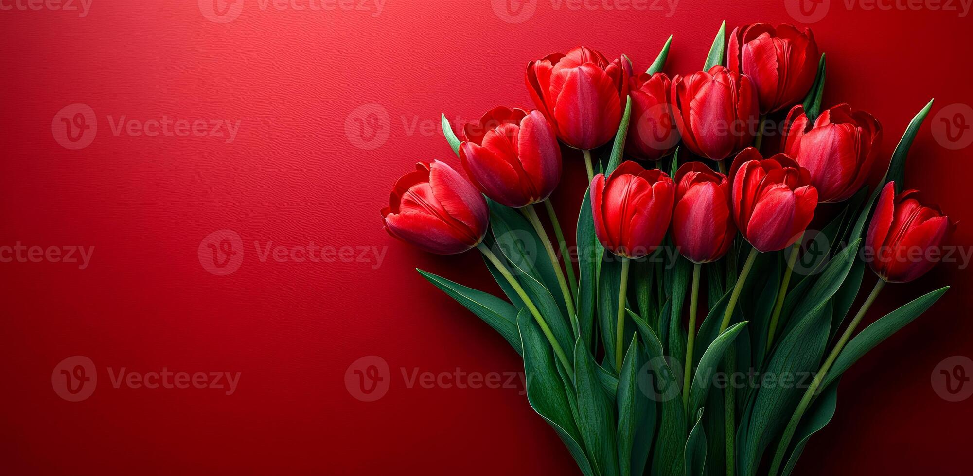 Red tulips bloom on a bright backdrop. Bright red tulips arranged beautifully, showcasing their lush petals and green stems on a striking red backdrop, perfect for celebrations. photo
