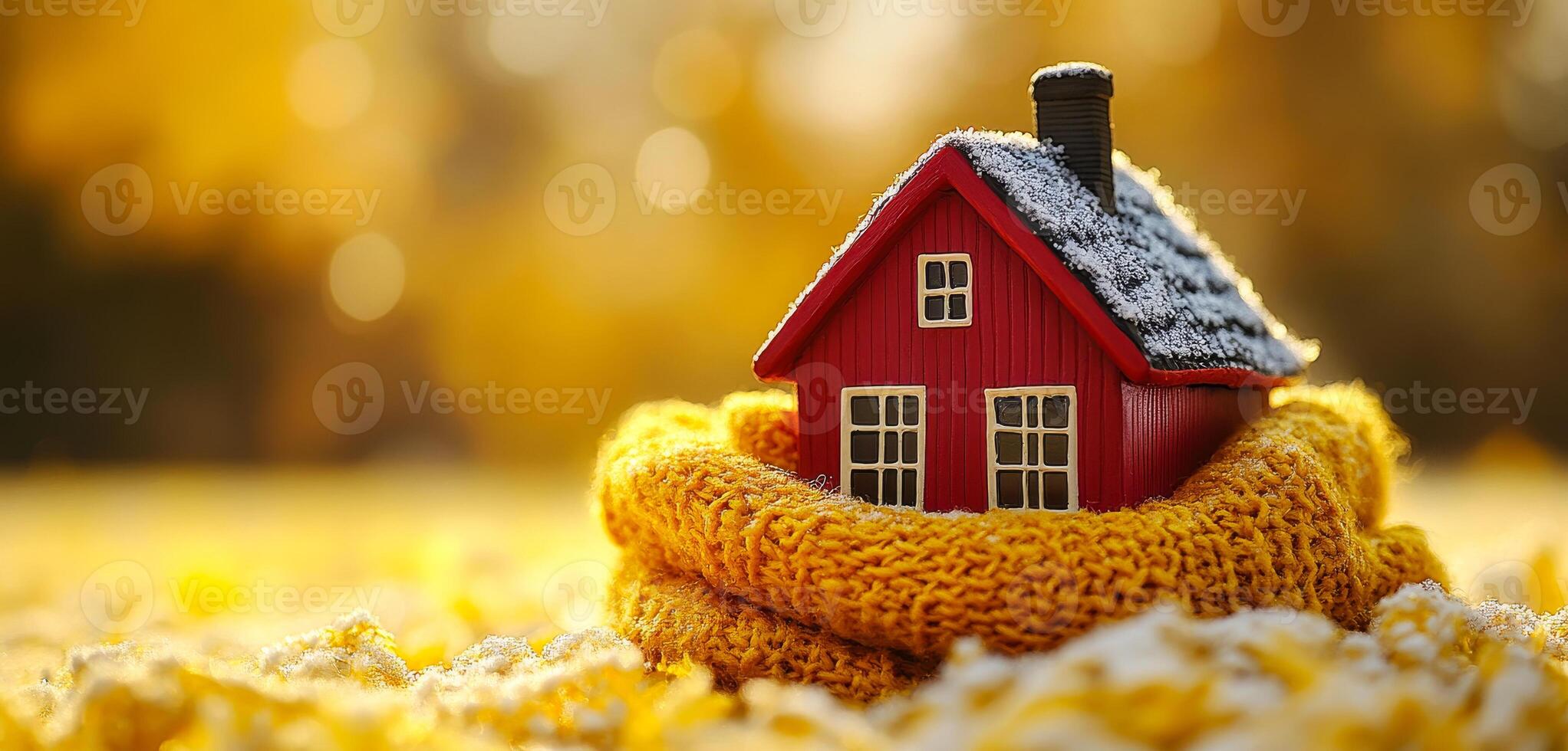 A cozy red house wrapped in a warm scarf outside. A small red house sits comfortably nestled in a thick yellow scarf amidst autumn leaves, capturing a warm, inviting atmosphere. photo