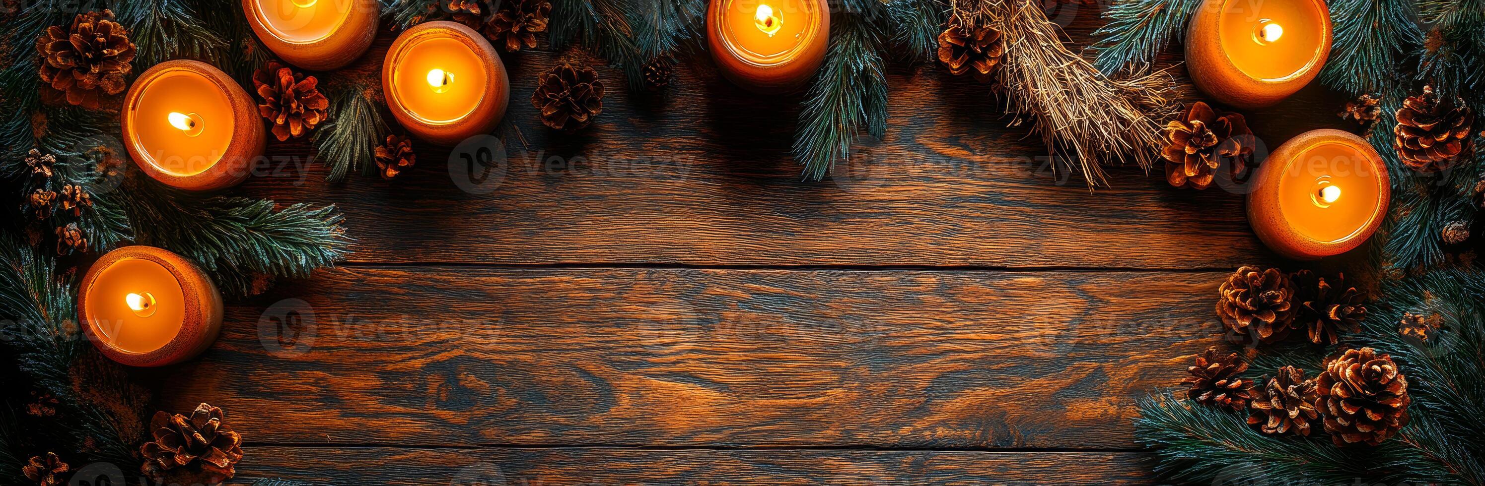 Candles with pine and cones decor. A cozy arrangement featuring glowing candles, pine branches, and cones on a wooden surface creates a warm, inviting atmosphere. photo