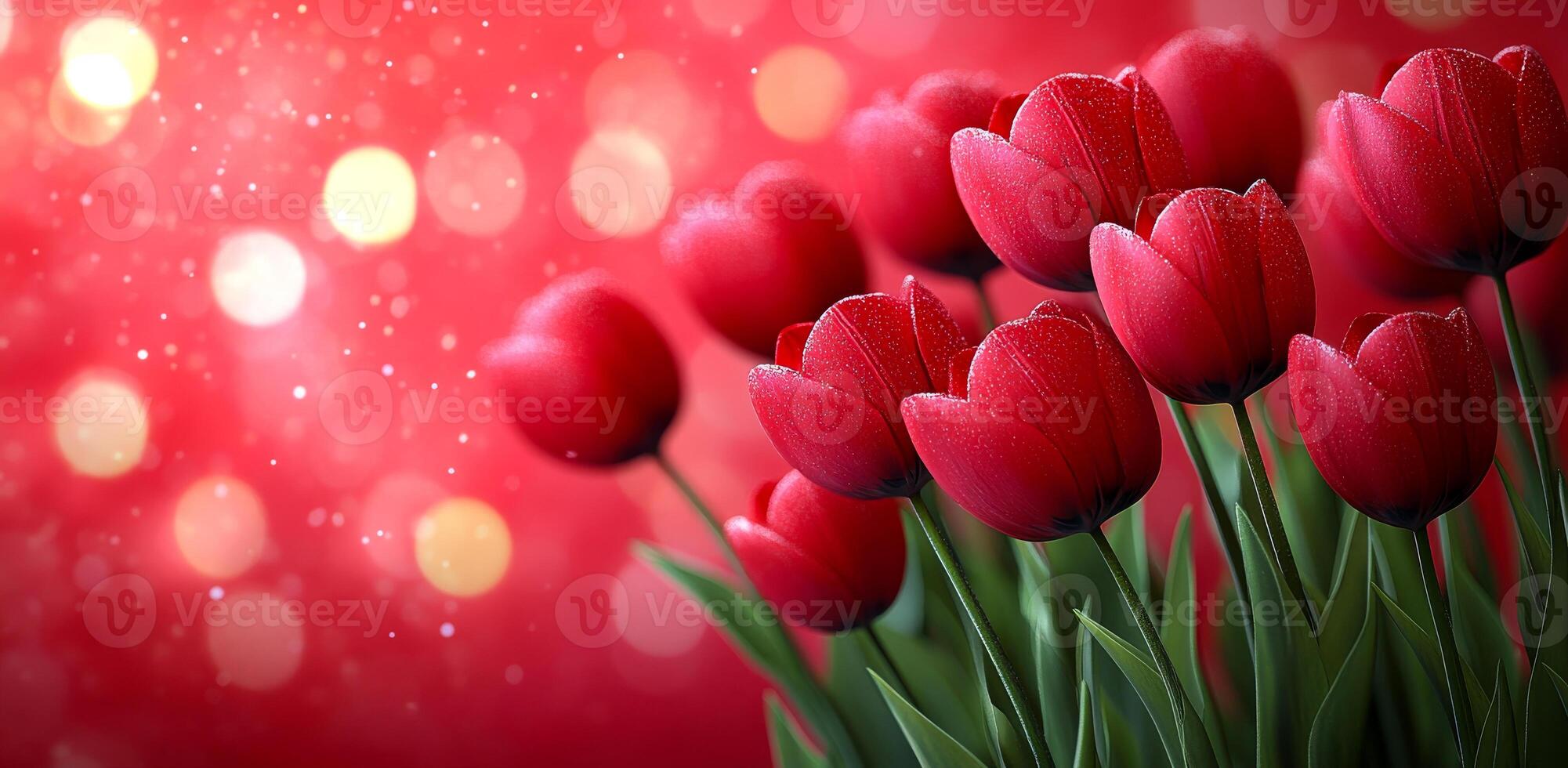 Red tulips bloom on a festive backdrop. Vibrant red tulips stand out against a sparkling, festive background, creating a cheerful atmosphere perfect for celebrations. photo