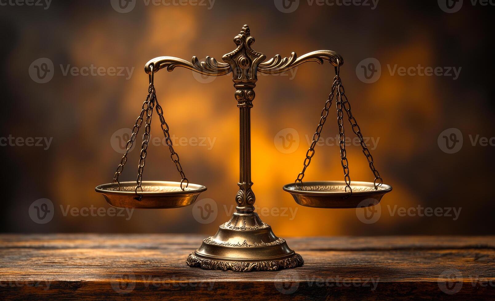 Balanced antique scales placed on a wooden table. Antique scales elegantly display balance on a rustic table, illuminated by a warm, glowing background, suggesting justice and fairness. photo