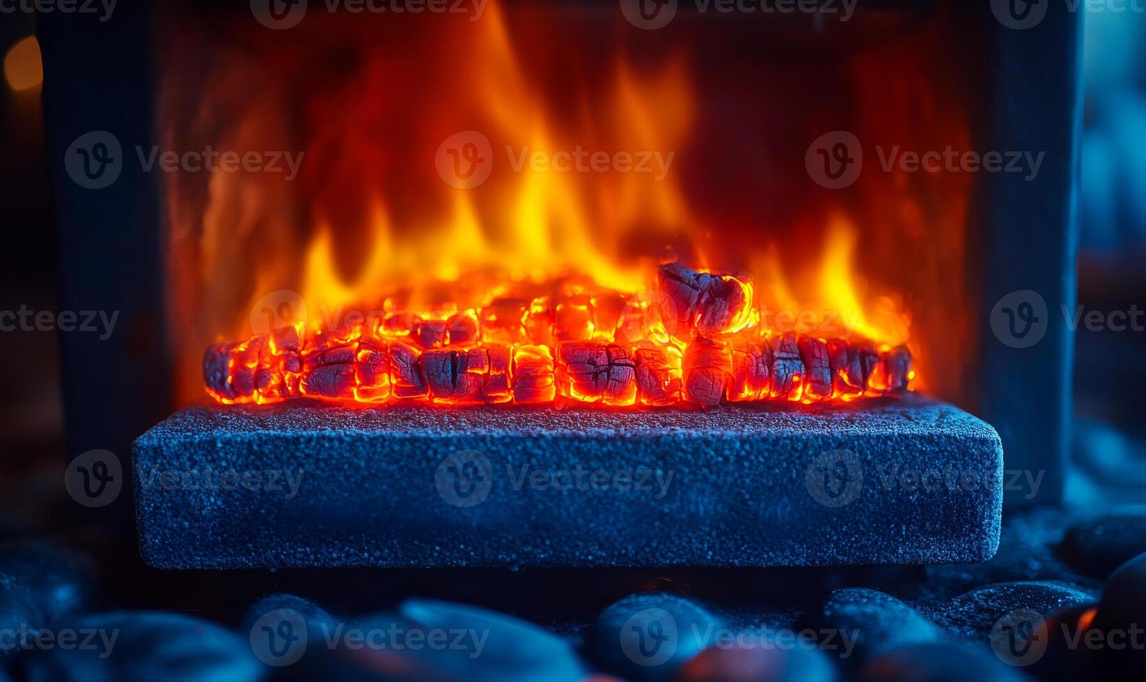 Warm glow of embers in a cozy fireplace at night. The flickering flames dance above glowing embers, creating a warm ambiance in a cozy fireplace during a quiet night. photo