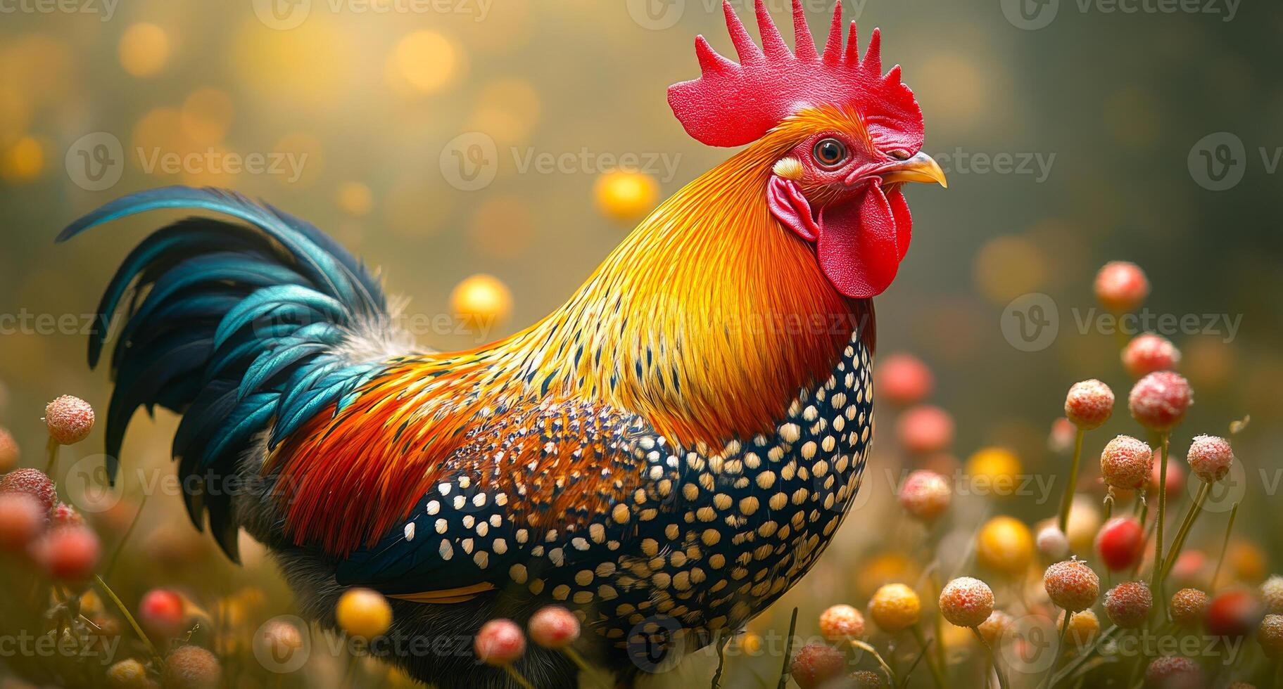 Colorful rooster walking through a vibrant meadow. A striking rooster with vivid plumage strolls among bright flowers in a lush meadow during the afternoon. photo