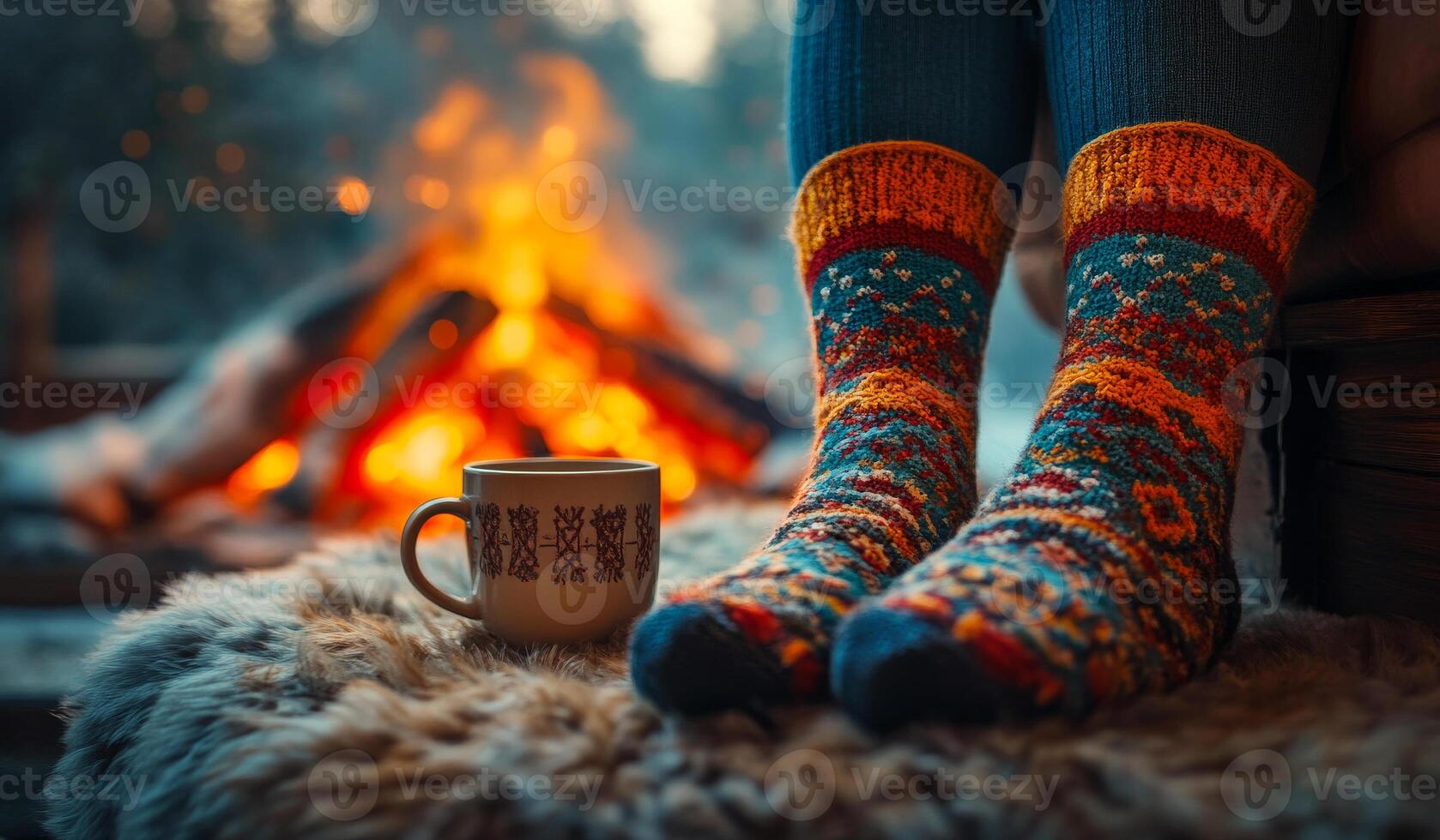Warm socks, tea by the fireplace. Soft socks keep feet warm as a person relaxes by a crackling fireplace with a steaming cup of tea in a tranquil setting. photo