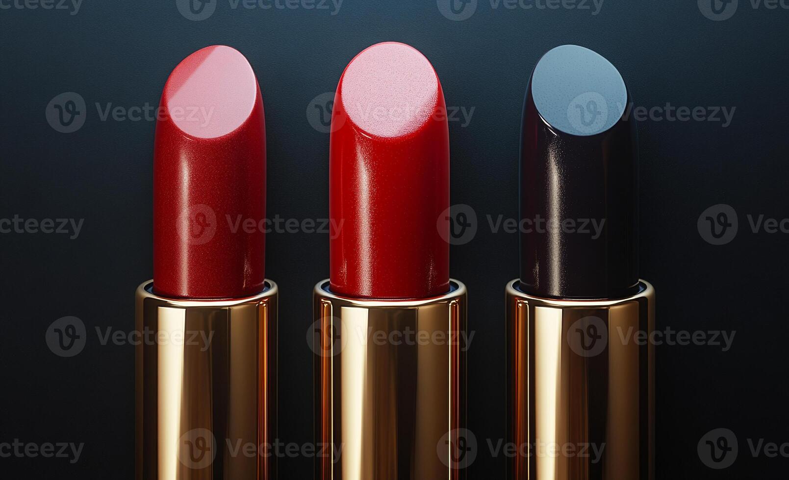 Vibrant lipsticks displayed on a dark background. Three stylish lipsticks in shades of red and black arranged beautifully against a dark backdrop for a striking makeup showcase. photo