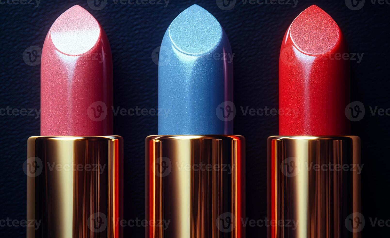 Vibrant lipsticks on a dark backdrop. Three vibrant lipsticks in pink, blue, and red stand elegantly against a dark background, showcasing their glossy finishes and shapes. photo