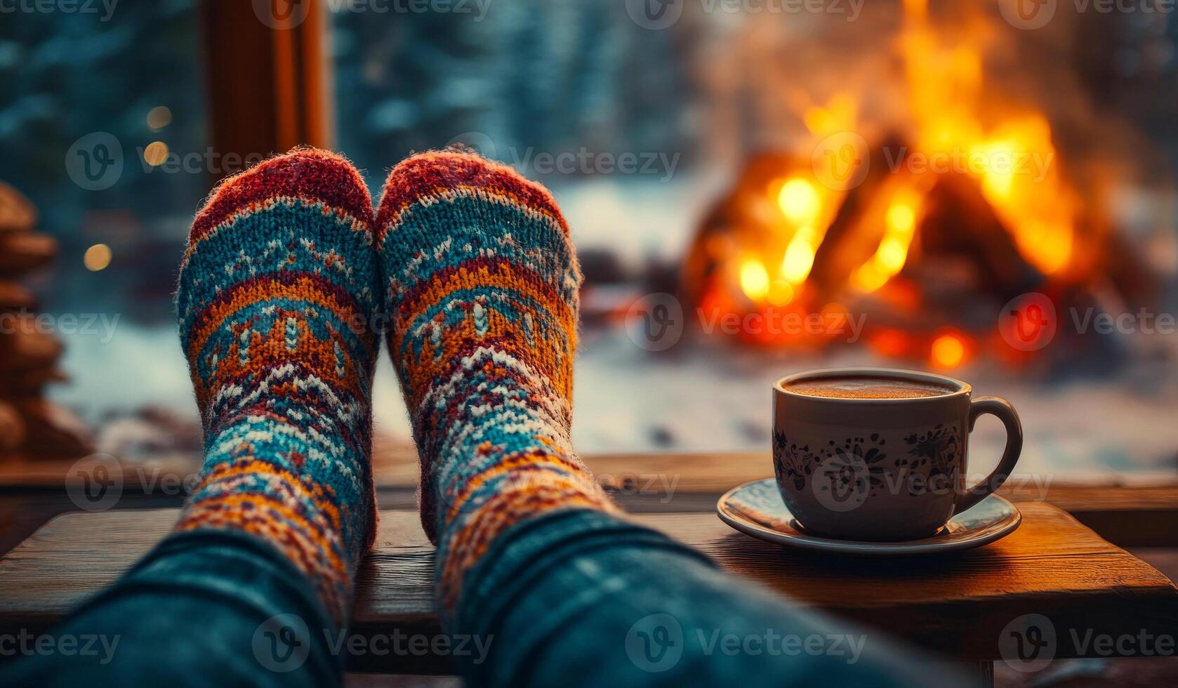 Warm socks by the cozy fireplace. Enjoying a warm drink and cozy socks by the fireplace during a chilly winter evening creates a relaxing atmosphere. photo
