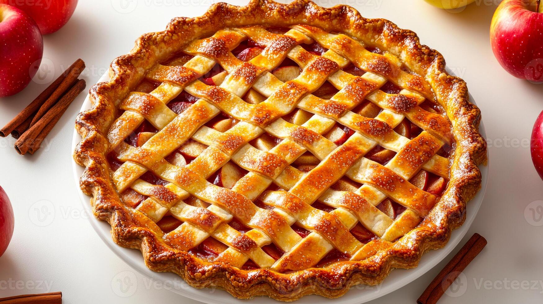 Golden lattice apple pie, freshly baked. A beautifully crafted apple pie sits on a white plate, surrounded by colorful apples and cinnamon sticks, showcasing its artistic crust. photo