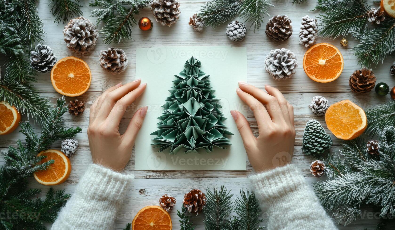 Creating a festive origami Christmas tree display. A person crafts an origami tree surrounded by seasonal decorations, including oranges and pinecones, on a wooden table. photo