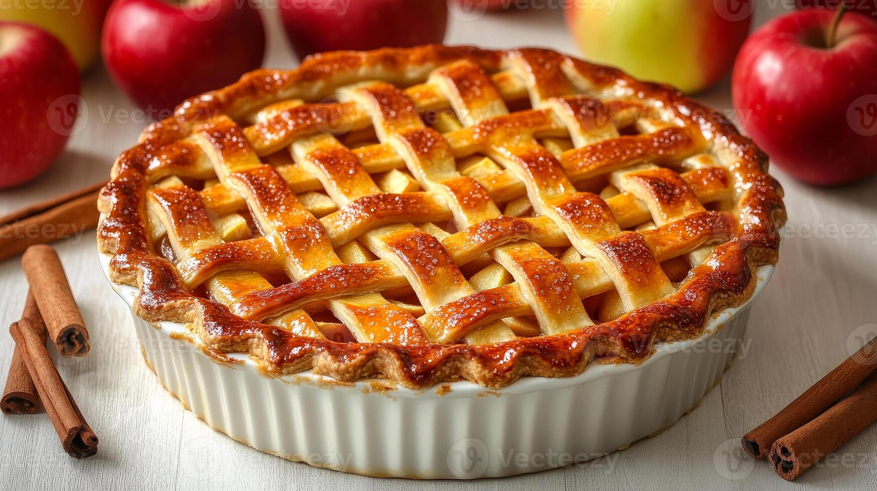 Apple pie with cinnamon and apples. A golden brown apple pie sits on a table surrounded by fresh apples and cinnamon sticks, ready for dessert enjoyment. photo