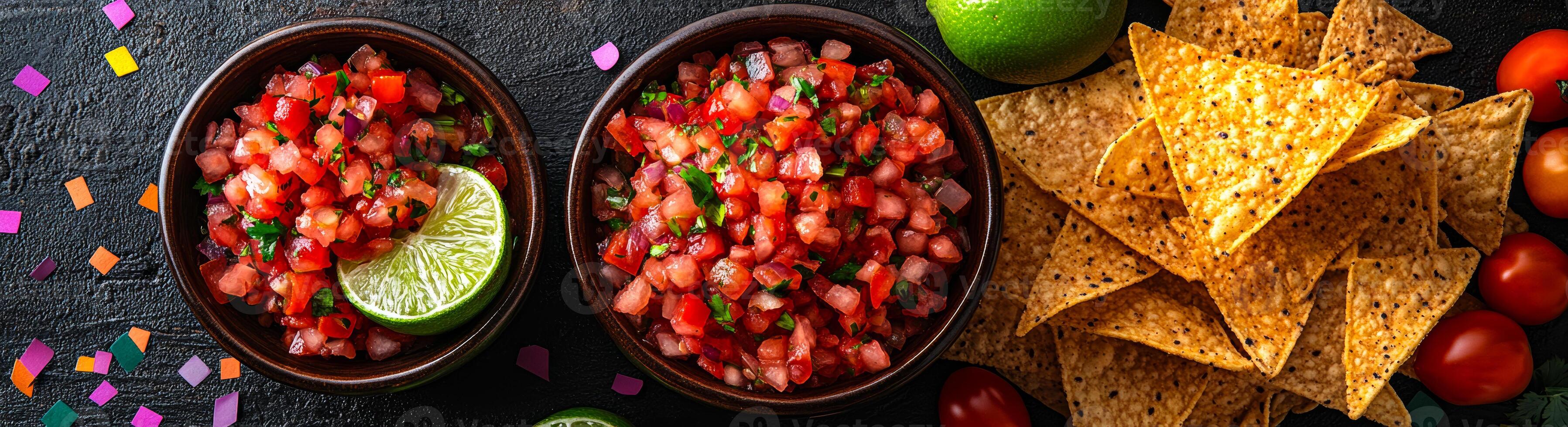 Fresh salsa and tortilla chips on a festive table. Two bowls of colorful salsa are served with crunchy tortilla chips, garnished with lime, perfect for a lively celebration. photo