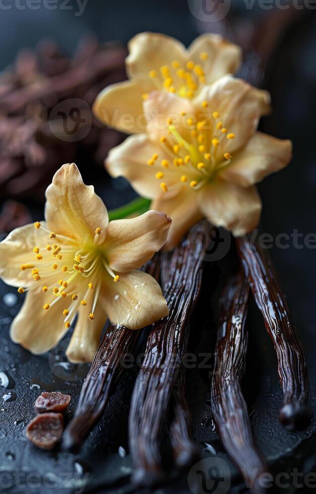 Vanilla flowers and pods on dark surface. Two soft vanilla flowers rest on dark vanilla pods, showcasing their natural beauty in a serene and elegant arrangement. photo