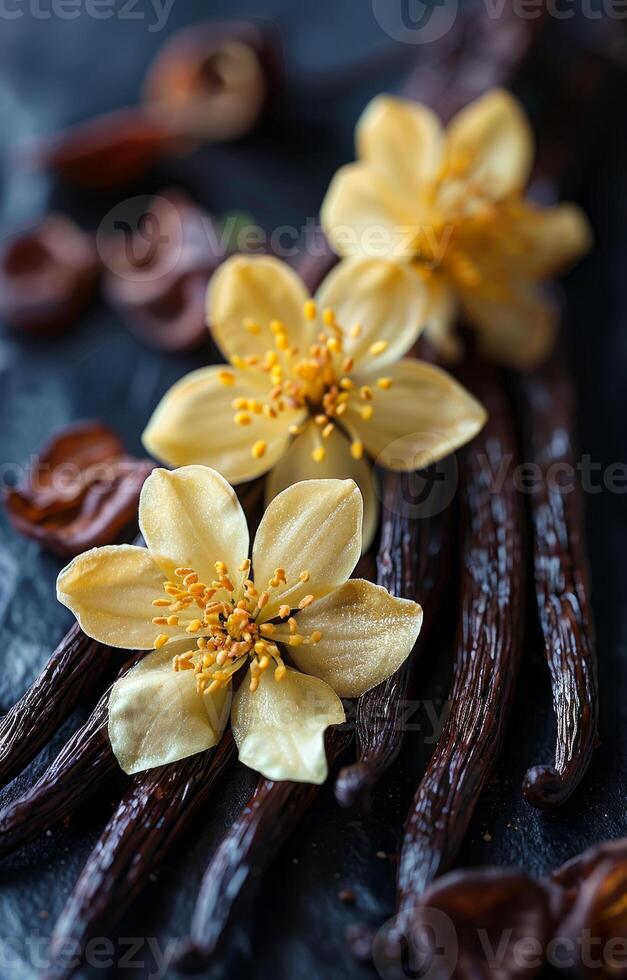 Vanilla pods with delicate flowers. Three soft yellow flowers are arranged with vanilla pods and scattered spices on a dark background, creating an elegant composition. photo
