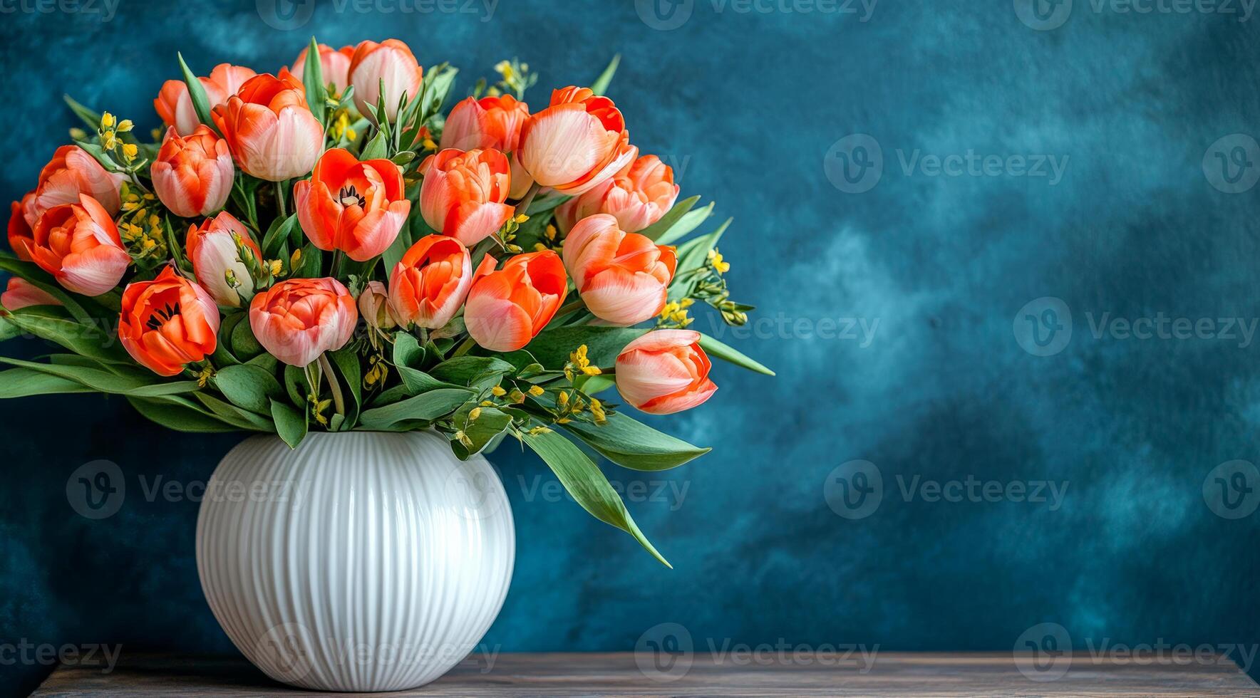 Tulips in a vase on a blue wall. A vibrant arrangement of tulips in shades of red and white rests in a white vase, adding color against a deep blue backdrop. photo
