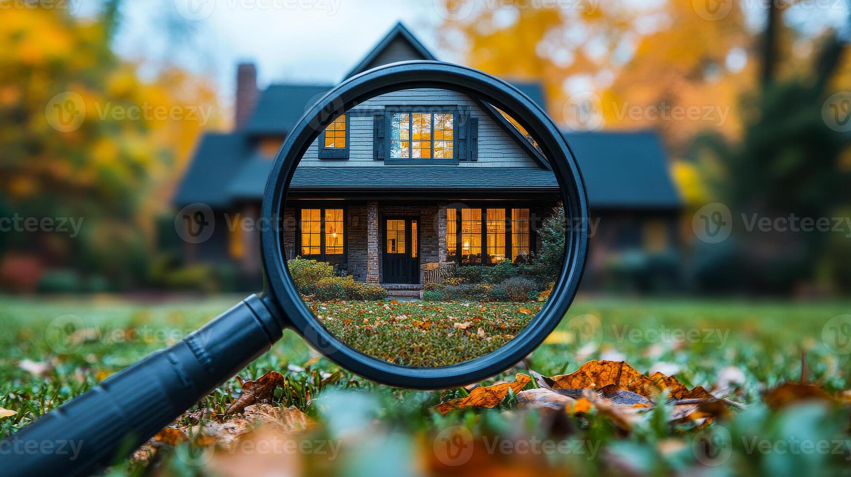 A cozy house surrounded by autumn foliage at dusk. A charming house illuminated by warm lights sits among colorful autumn leaves during the evening hours. photo
